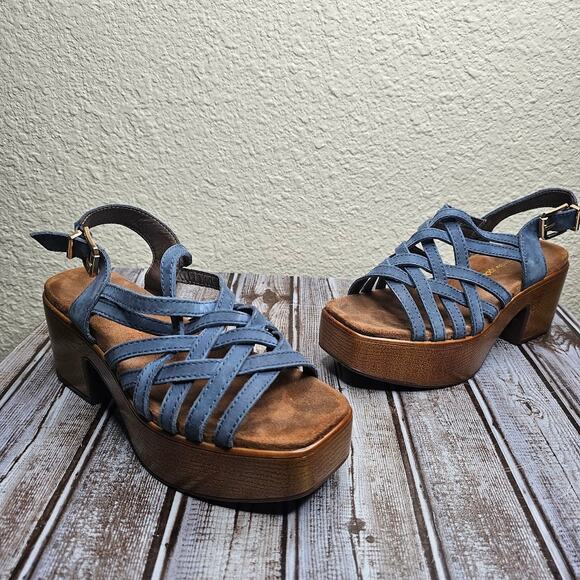 House of Harlow 1960 Georgia platform Denim strappy sandal Women's size 7 chunky - Picture 1 of 10